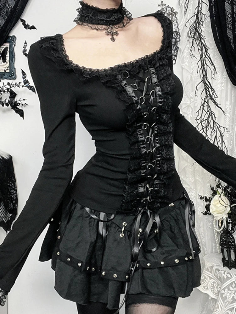 AltGoth Aesthetic Goth T-shirt Women Hotsweet Y2k E-girl 2000s Streetwear Lace Patchwork Square Collar Long Sleeve Crop Tee Tops SS69