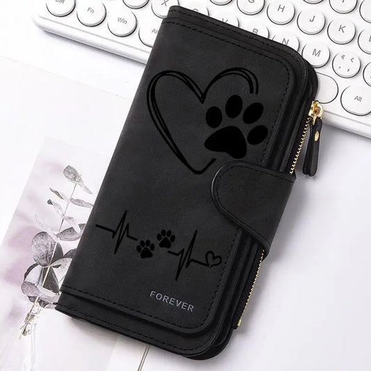 ZeAiLi Long PU Leather Clutch Wallet with Animal Paw and Butterfly Print