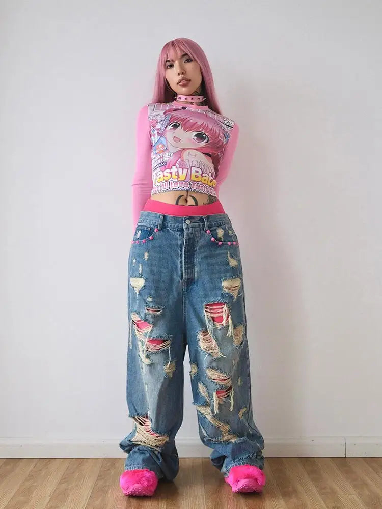 Deeptown Harajuku Kawaii Anime Graphic T Shirts Women Cutecore Cartoon Patchwork Tees Y2K Aesthetic Slim Crop Top Japanese 2000s SS69