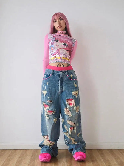 Deeptown Harajuku Kawaii Anime Graphic T Shirts Women Cutecore Cartoon Patchwork Tees Y2K Aesthetic Slim Crop Top Japanese 2000s SS69