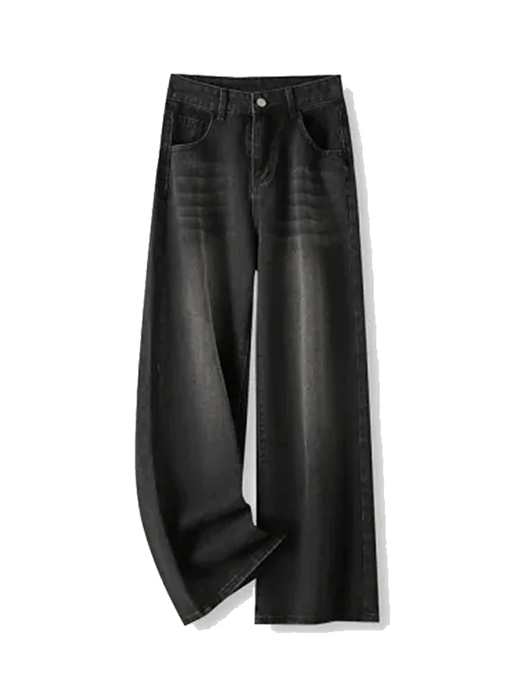 Korean Vintage High Waist Women's Jeans Y2K Slimming Pear-Shaped Loose Straight Bell Bottoms Black Gray Baggy Denim Trousers SS69