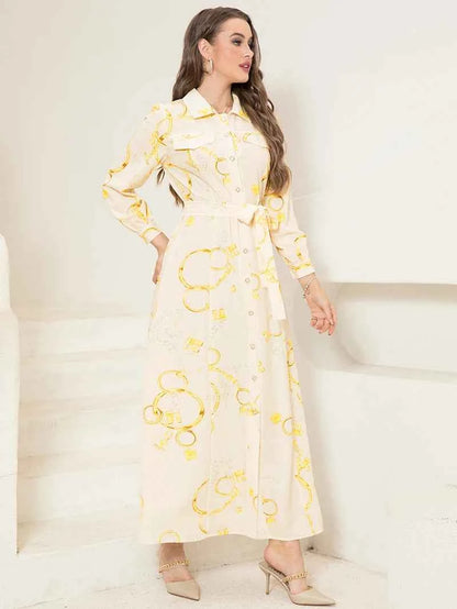 Elegant Long Shirt-Sleeve Dress with Chain Print Design, Belt & Pocket - Sophisticated Collared Neck, Button Details
