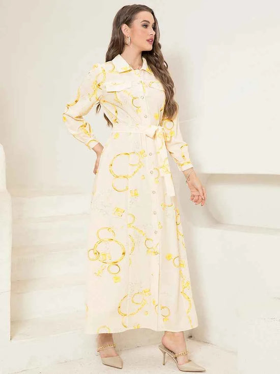 Elegant Long Shirt-Sleeve Dress with Chain Print Design, Belt & Pocket - Sophisticated Collared Neck, Button Details