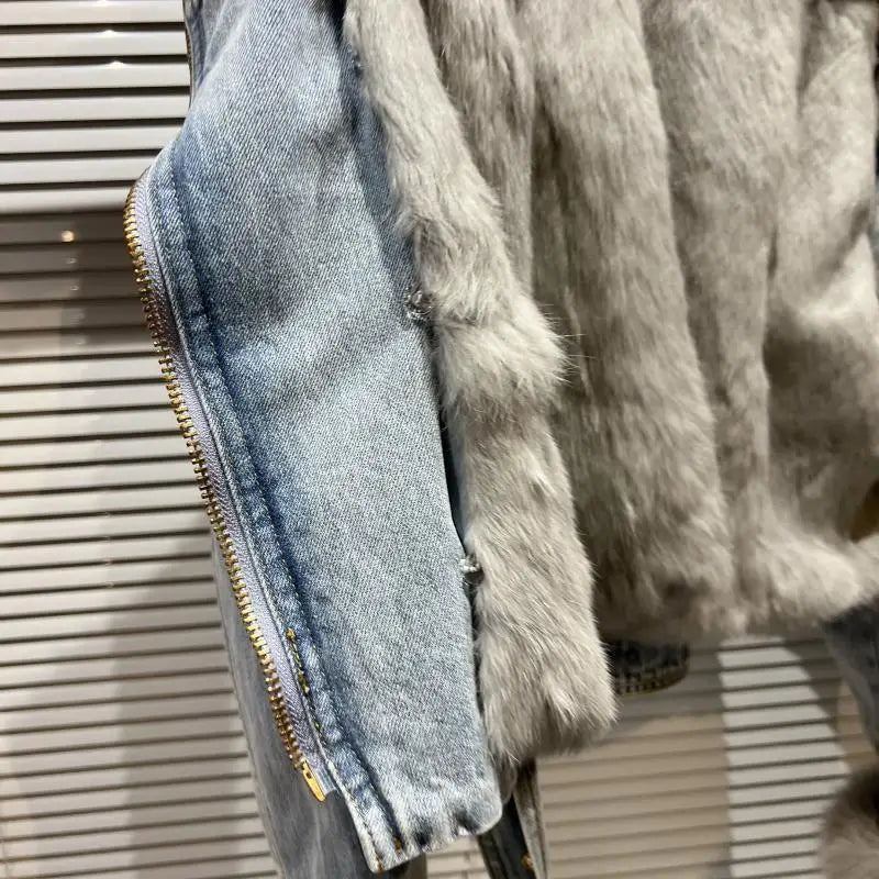 Winter Women Denim Coat Jacket Fox Collar Short  Warm High Street Outerwear Thicken Coat High Quality Luxury Design Party Wear