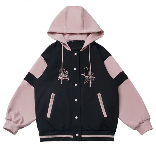 Sweet Cool Embroidery Pink Black Hoodies Baseball Slim Zipper Women Sweatshirt Jacket Loose Casual Trousers Sweet Mini Skirt Set SS69 76.69 Long coat / M