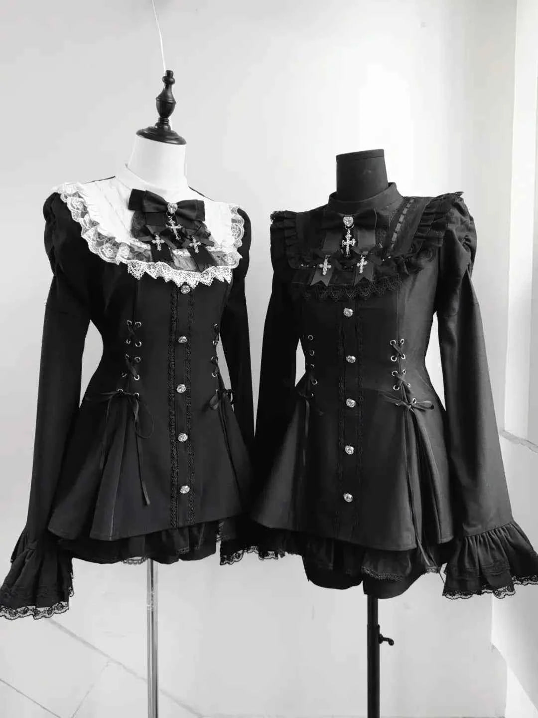 2025 Autumn Gothic Lolita Dress Sweet Heart Black Bow - Elegant Long Sleeve Short Dress with Lace Trim Slim Fit Waist for Women