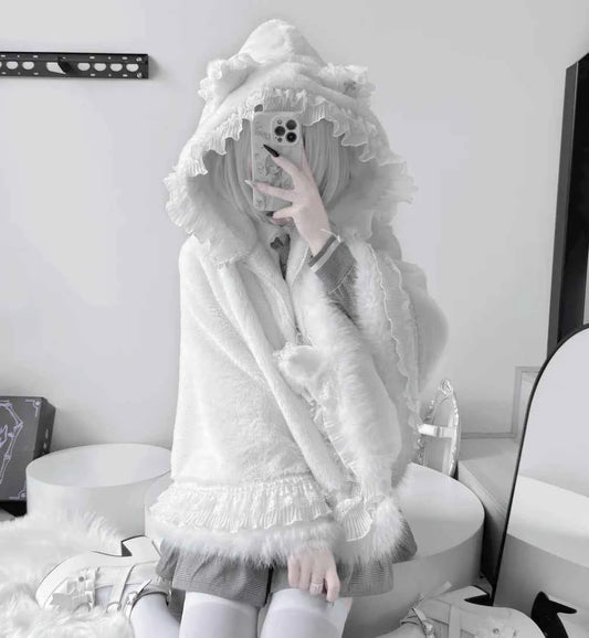 Japanese Mine Lace Splicing Cute Bow Lolita Shawl Jacket Autumn and Winter New Sweet Girl Loose Warm Plush Cape Coat Women