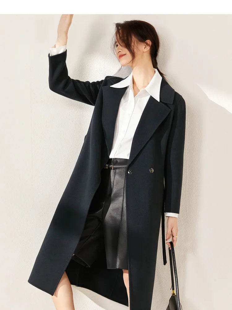 SENTUBILA Women's 100% Wool Long Wrap Coat with Belted Waist