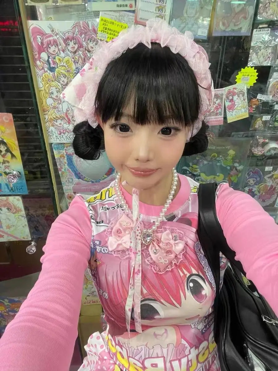 Deeptown Harajuku Kawaii Anime Graphic T Shirts Women Cutecore Cartoon Patchwork Tees Y2K Aesthetic Slim Crop Top Japanese 2000s SS69