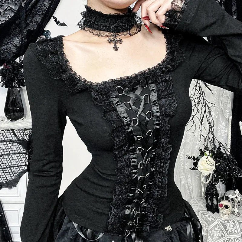AltGoth Aesthetic Goth T-shirt Women Hotsweet Y2k E-girl 2000s Streetwear Lace Patchwork Square Collar Long Sleeve Crop Tee Tops - SS69