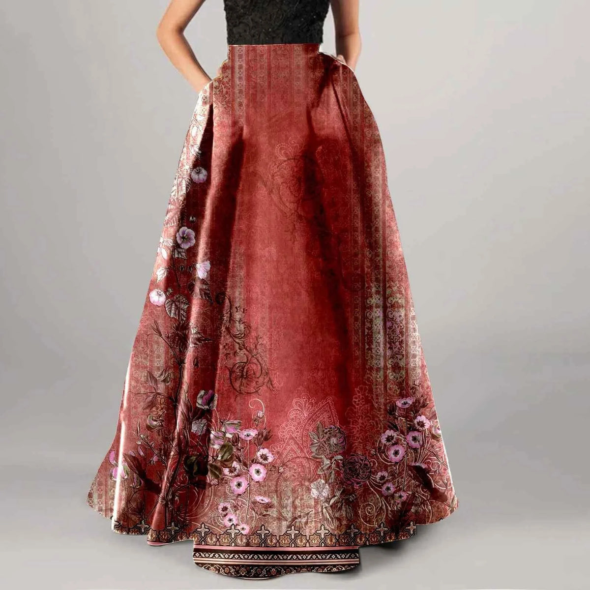High Waist Pocket Skirts For Women Fashion Bohemian Floral Print Maxi Skirt Party Beach Long Skirt Elegant Vintage Clothing