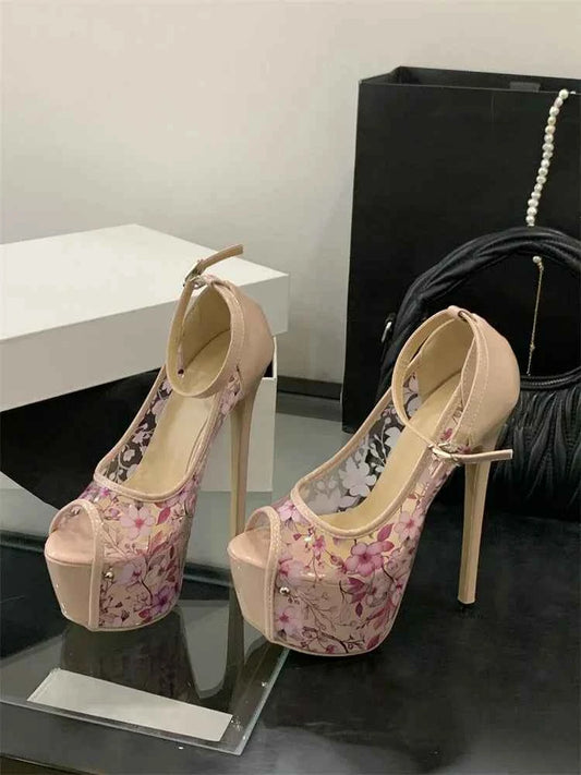 Eilyken Street Style Print Flower Buckle Strap Platform Sandals Women Sexy Stiletto Heels Nightclub Stripper Shoes Zapatos Mujer