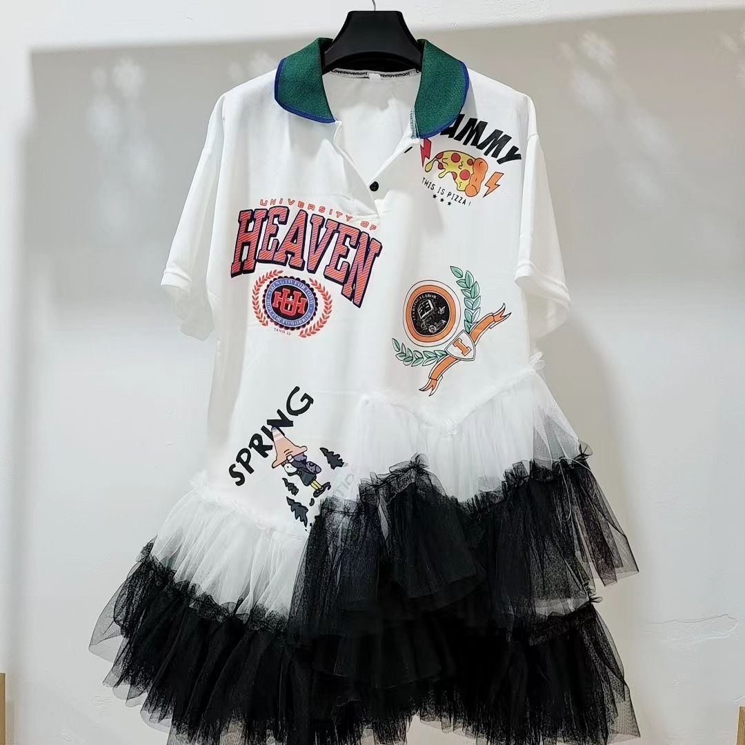 Summer Mesh Splicing Ruffles Short Sleeve T-Shirts Irregular Gauze Stitching Ruched Pleated Tees Letters Printed Jumpers Tops SS69