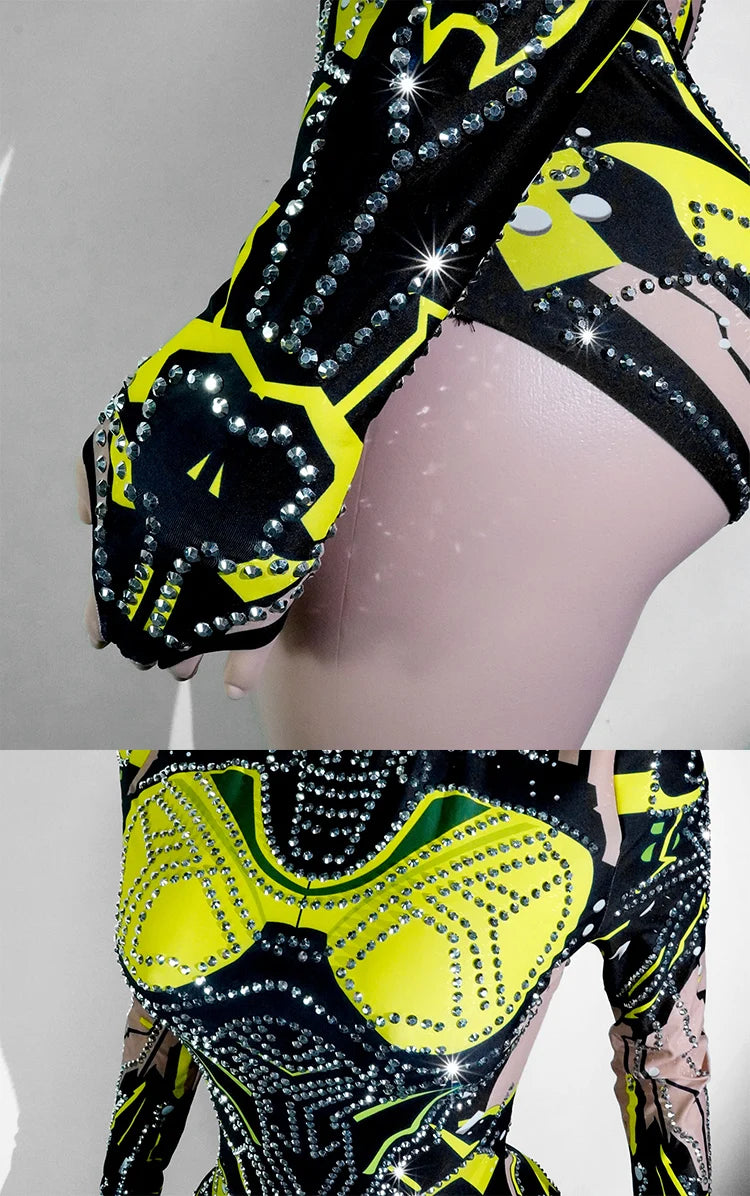 Women's Green Rhinestone Bodysuit High Elasticity Dance Outfit