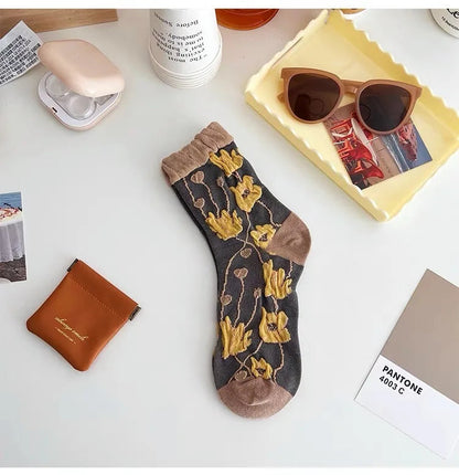 Cotton Fashion Korea Harajuku Retro Floral Vintage Woman Socks Novelty Ethnic Elegant Casual Ladies Girls Dress Brown Sox Autumn SS69 8.69 LYYZ3H1 / 35 - 40