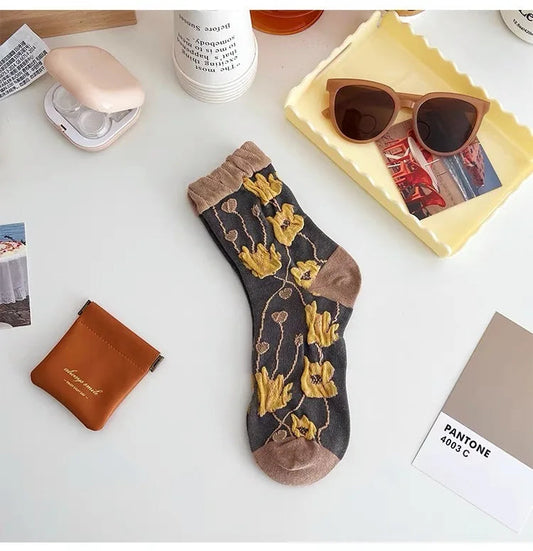 Cotton Fashion Korea Harajuku Retro Floral Vintage Woman Socks Novelty Ethnic Elegant Casual Ladies Girls Dress Brown Sox Autumn SS69 8.69 LYYZ3H1 / 35 - 40