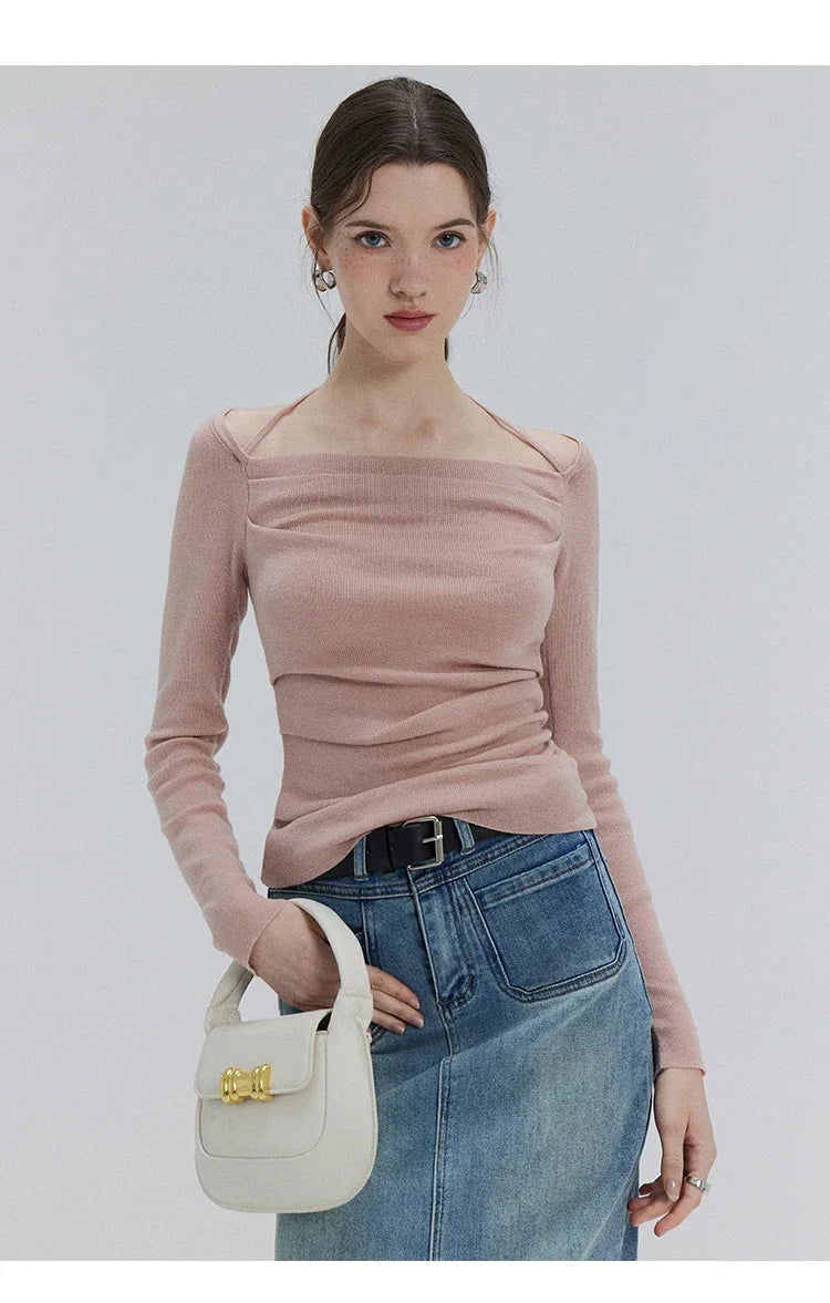 EGGKA Autumn One-shoulder Halter Neck Knitted Tops Women Slim Designer T-Shirts Slash Neck Long Sleeve Tops Korean Fashion Tees - SS69