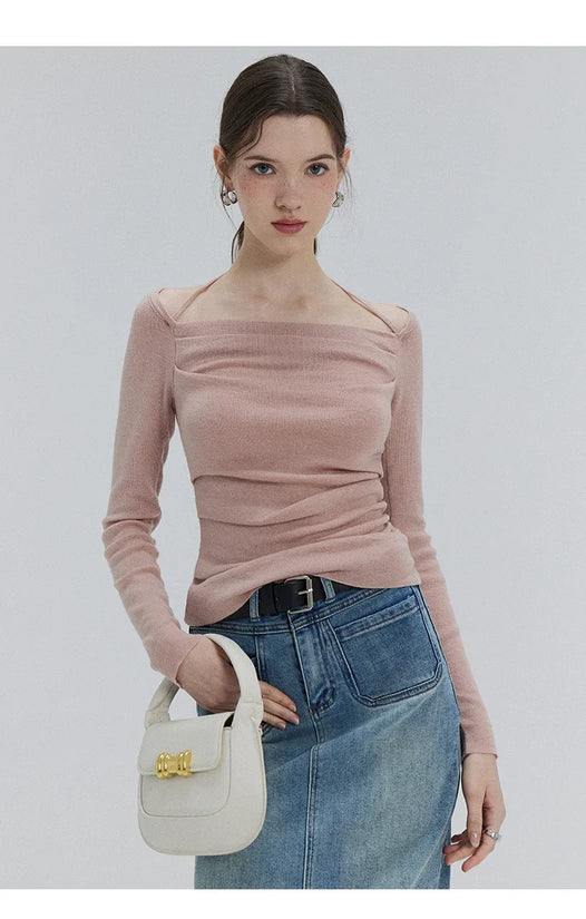 EGGKA Autumn One-shoulder Halter Neck Knitted Tops Women Slim Designer T-Shirts Slash Neck Long Sleeve Tops Korean Fashion Tees - SS69