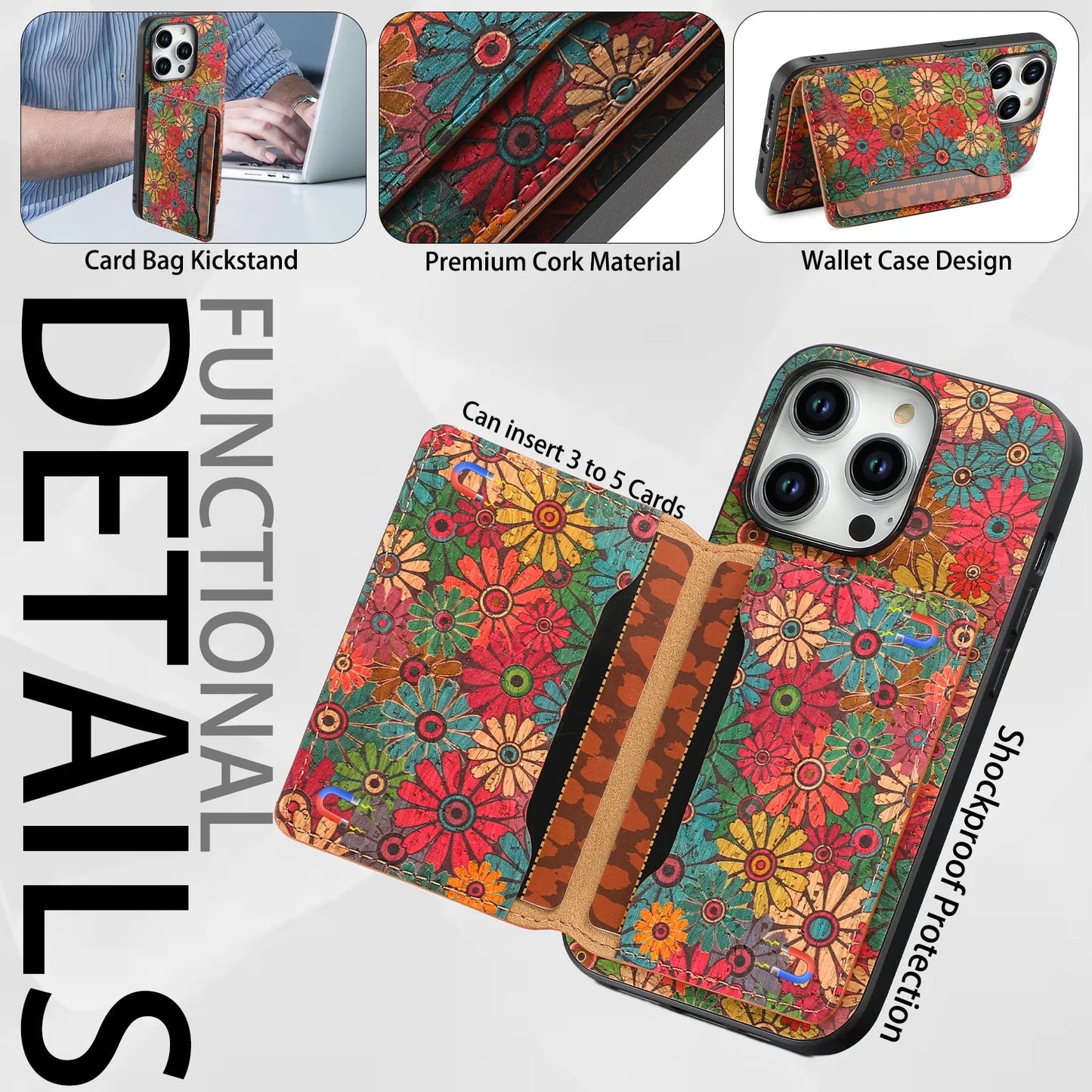 Denior Suitable For iPhone 16/15/14 Plus Premium Floral Totem Cork Phone Case For iPhone 13/12 Pro Max Card Holder Back Cover SS69