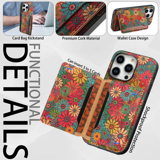 Denior Suitable For iPhone 16/15/14 Plus Premium Floral Totem Cork Phone Case For iPhone 13/12 Pro Max Card Holder Back Cover SS69