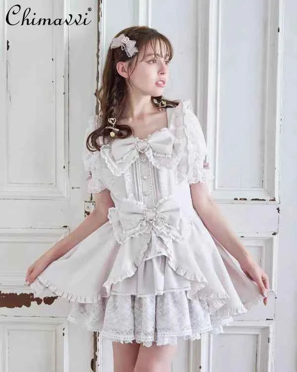 Liz New Japanese Lolita Princess Dress Set Spring Summer Big Bow Spring Summer Short Sleeve Slim Sweet Dress and Shorts Set