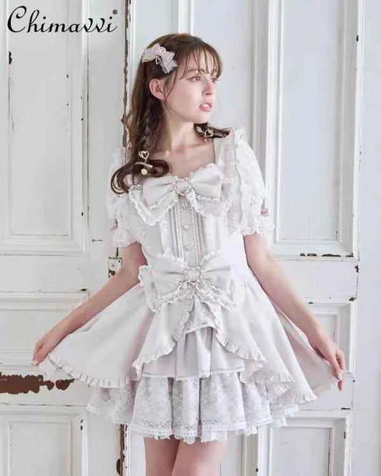 Liz New Japanese Lolita Princess Dress Set Spring Summer Big Bow Spring Summer Short Sleeve Slim Sweet Dress and Shorts Set
