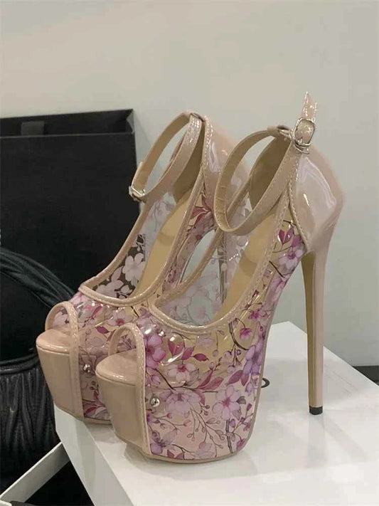 Eilyken Street Style Print Flower Buckle Strap Platform Sandals Women Sexy Stiletto Heels Nightclub Stripper Shoes Zapatos Mujer