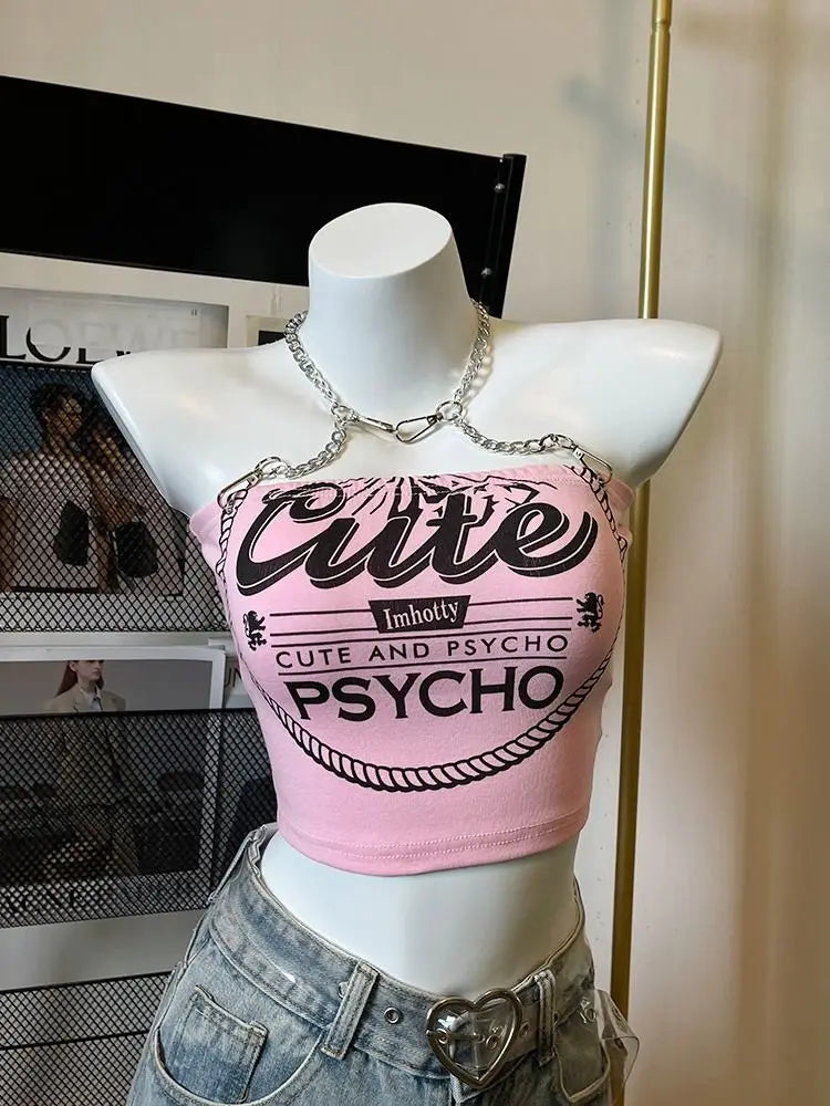 Crop Tops Fashion Summer Tanks Women Clothing Sweet Pink Letter Backless Tunic Camis Harajuku Chain Sexy Y2k Vest Ropa Mujer SS69