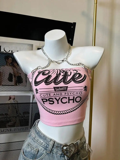 Crop Tops Fashion Summer Tanks Women Clothing Sweet Pink Letter Backless Tunic Camis Harajuku Chain Sexy Y2k Vest Ropa Mujer SS69