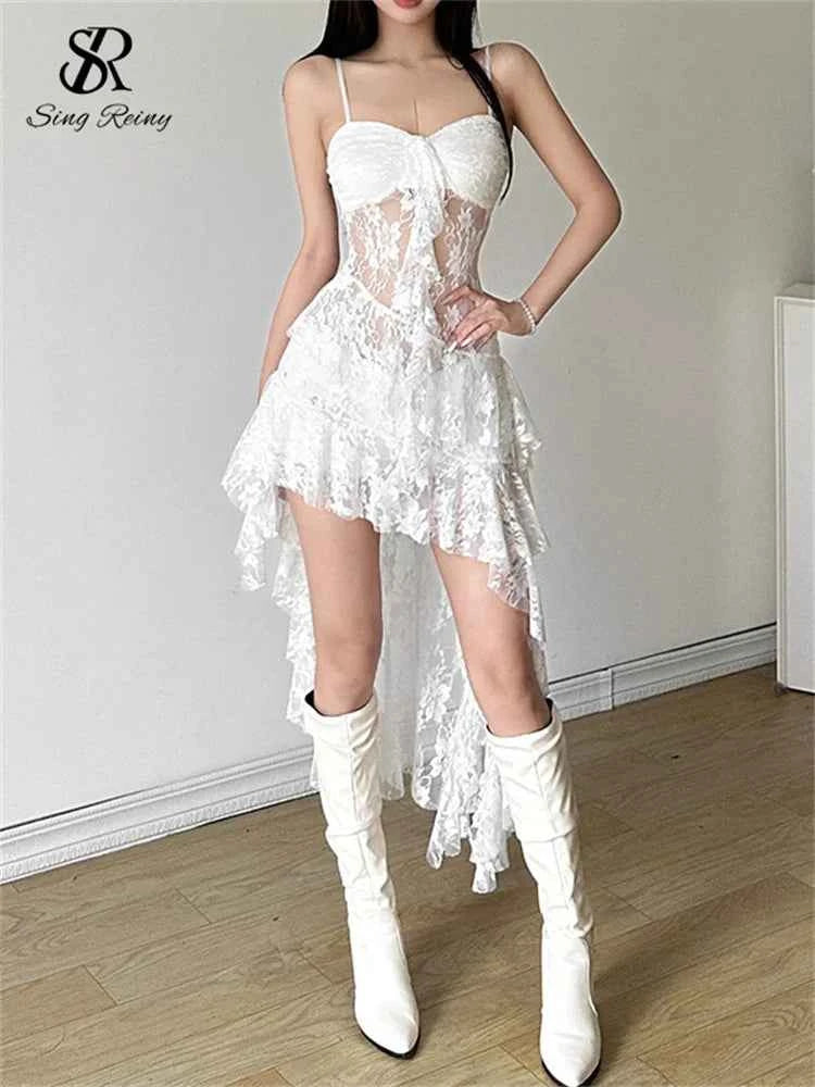 SINGREINY Women Lace Irregular Long Dress Camis Sheath Sensual Sheer Dress Fashion Streetwear Hollow Out Ruffles Sexy Dresses