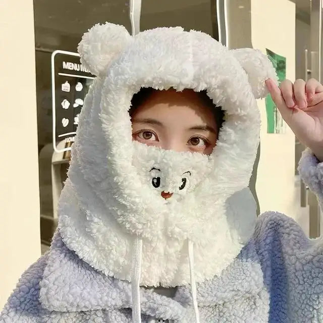 Winter Cartoon Hat With Mask Bear Lamb Beanie Hats Warm Thickened Ear Protection Skullies Beanies for Women Girl Kawaii SS69 10.69 White / 52-55cm
