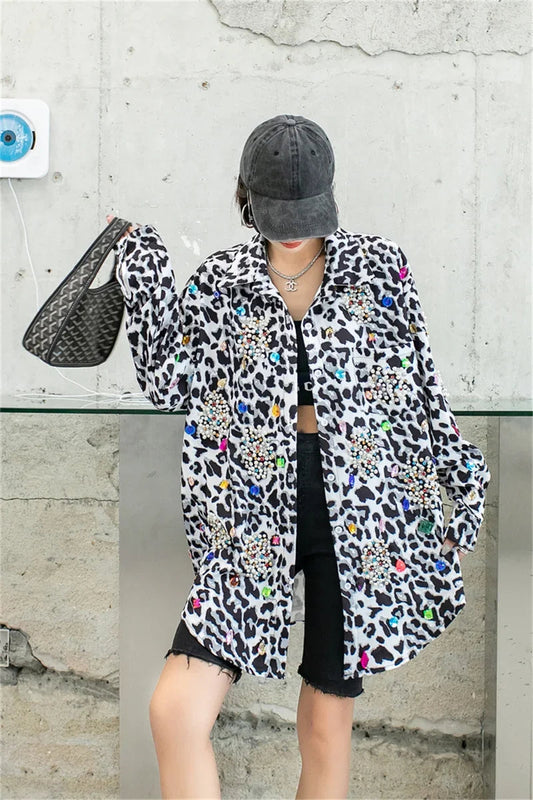 Harajuku Vintage Pearl Beaded Diamonds Leopard Print Women Thin Shirt Jacket Loose Casual Lapel Long Sleeve Female Jacket Coat SS69