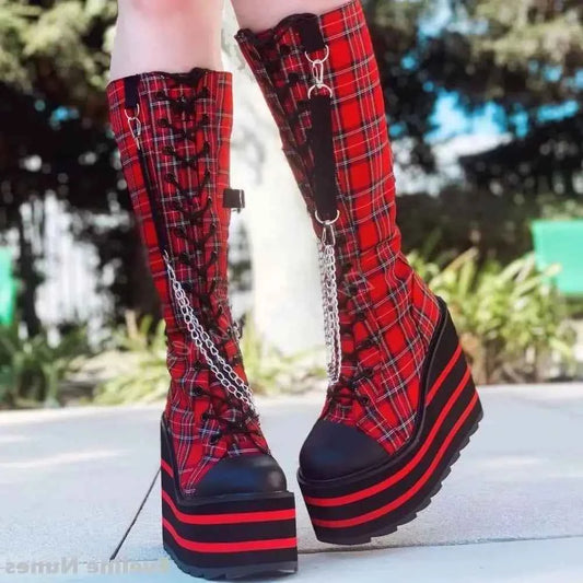 Canvas Check Platform Knee-high Boots Women Metal Chain Round Toe Wedges Cross Tied Lolita Heighten Shoes 2025 Lovely Sexy Boots