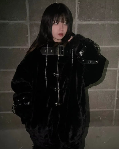 Lautaro Autumn Winter Thick Warm Faux Fur Coat Women with Hood Zipper Luxury Japanese Style Punk Harajuku Fluffy Jacket 2026