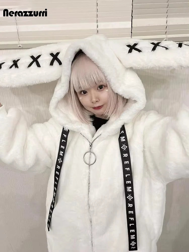 Nerazzurri Winter Sweet Cute Kawaii Soft Thick Warm White Faux Fur Coat Women with Bunny Ears Cute Fluffy Jacket Hoodie 2024 SS69