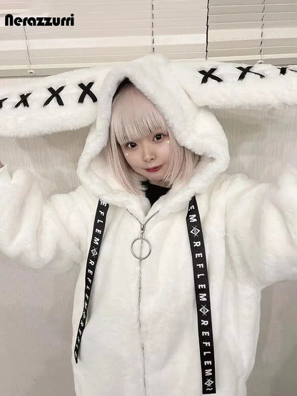 Nerazzurri Winter Sweet Cute Kawaii Soft Thick Warm White Faux Fur Coat Women with Bunny Ears Cute Fluffy Jacket Hoodie 2024 SS69