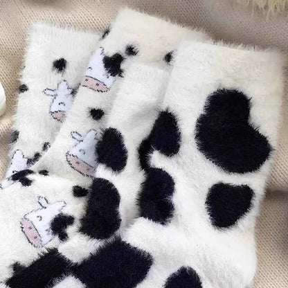 Cartoon Cute Cow Mink Velvet Socks Women Winter Soft Fleece Plush Warm Home Sleep Boot Socks Kawaii Y2K Furry Thermal Tube Sox