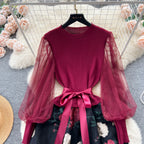 SINGREINY Senior Knitted Patchwork Dress Long Lantern Sleeves Bow Mesh Embroidery Floral Women Autumn France Elegant Party Dress