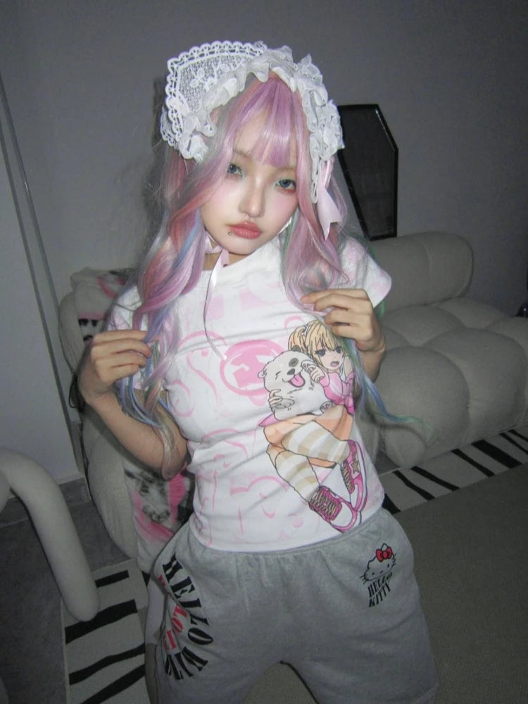 Japanese Camisetas Y2k Tshirts Crop Tops Women Clothing Short Sleeve O-neck Cute Tees Anime Print Casual Fashion Summer T-shirt SS69