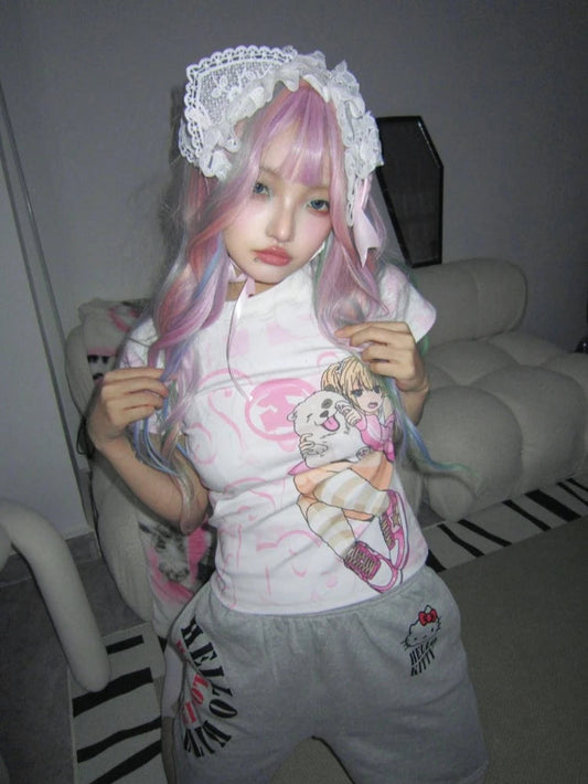 Japanese Camisetas Y2k Tshirts Crop Tops Women Clothing Short Sleeve O-neck Cute Tees Anime Print Casual Fashion Summer T-shirt SS69