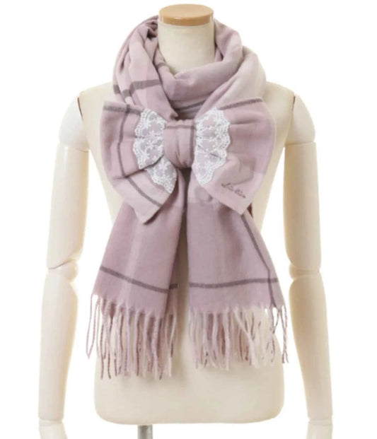 Japanese Liz New Lazy Wind Girls Sweet Plaid Lace Bow Scarf Soft Warm Women's Winter Lolita Scarf