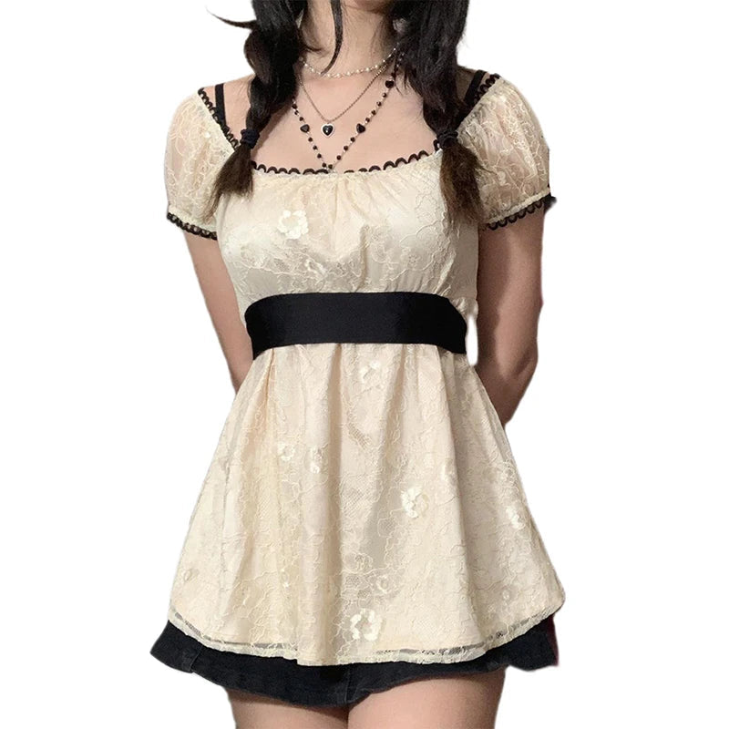 Xingqing 2024 Sweet Fairy Grunge Lace A Line Dresses Summer Women Patchwork Puff Sleeve Kawaii Dress 2000s Aesthetic Outfits SS69