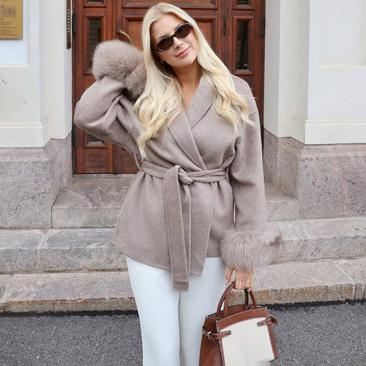 TARUXY Fox Fur Woolen Coats Women's Short Coat Office Lady Removable Elegant Double-sided Wool Overcoat 2025 New Cardigan Jacket