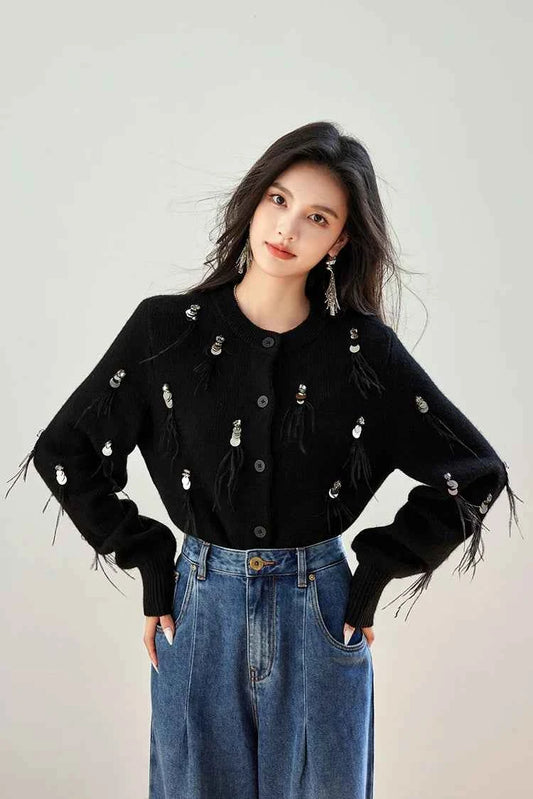H Han Queen Autumn Simple Basic Black Tasseled Sequins Knitted Coats Cardigan Sweater For Womens Tops Long Sleeve Cardigans