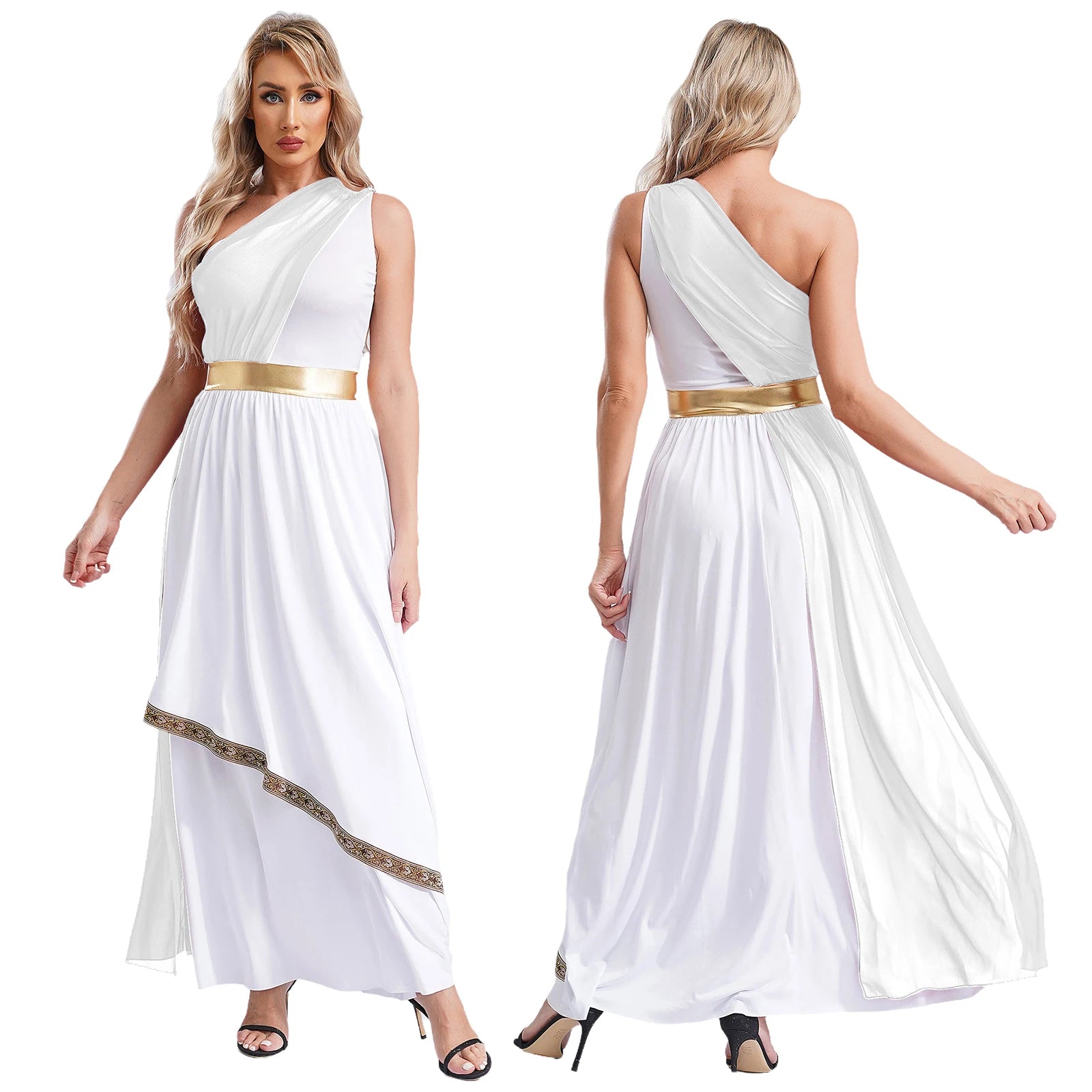 Womens One-Shoulder Greek Goddess Costume Dress with Chiffon Overlay