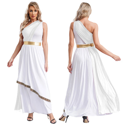 Womens Ancient Greek Princess Toga Goddesses Costume Grecian One Shoulder Chiffon Overlay Vintage Trim Tunic Dress Gown Dress