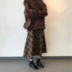 Elegant High Waist Retro Plaid Skirt Winter Autumu Classical High Waist Long Skirt Slim Fit Preppy Style A-line Half Dress Party