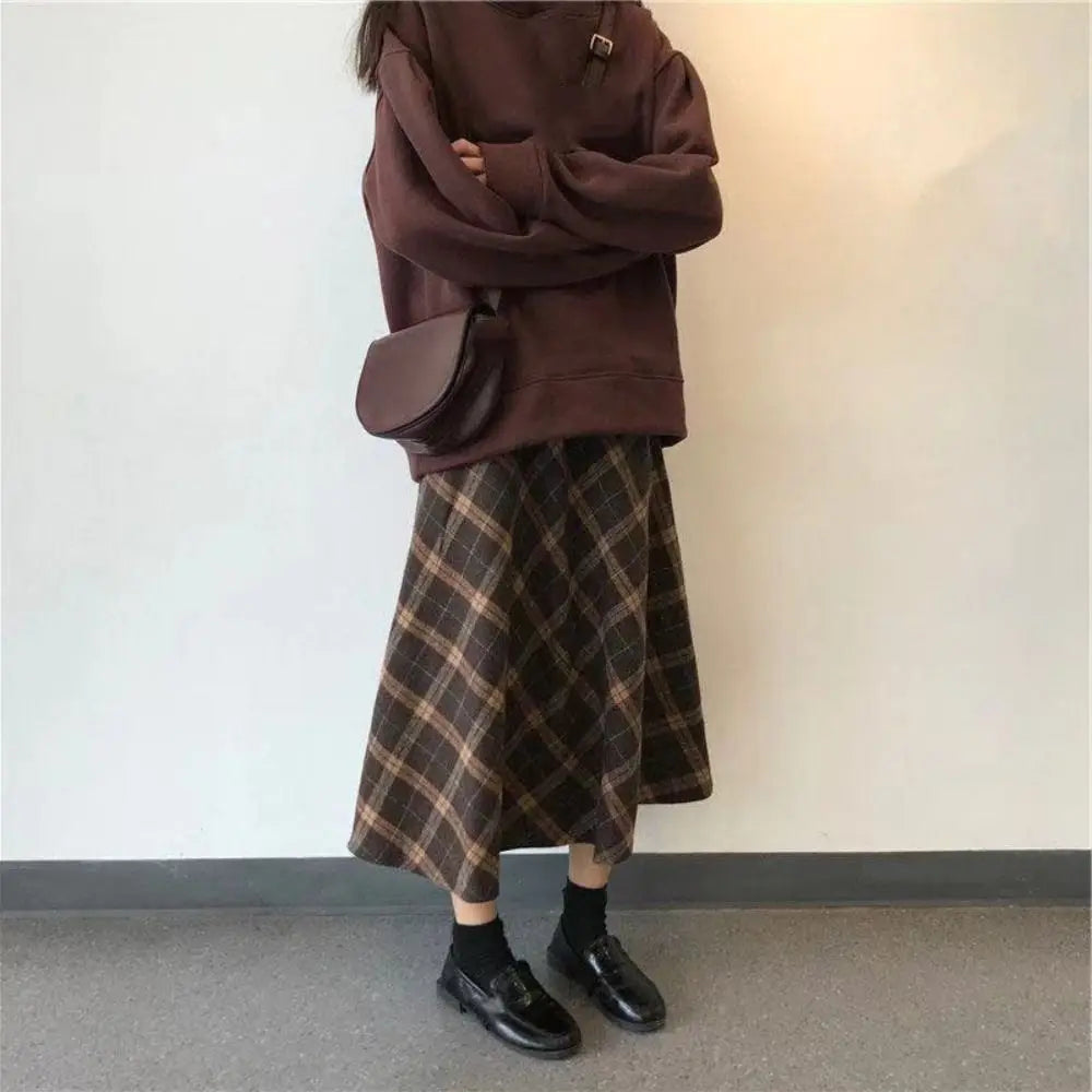 Elegant High Waist Retro Plaid Skirt Winter Autumu Classical High Waist Long Skirt Slim Fit Preppy Style A-line Half Dress Party