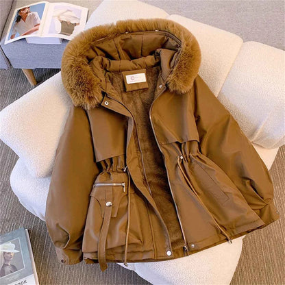 Women Autumn Winter Fashion Coats Korean Hooded Drawstring Padded Jackets Solid Female Casual Street Outfit Coat Zip Up Parkas