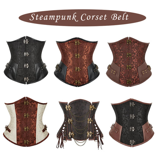 SS69 Women's Jacquard Underbust Corset Belt, Vintage Steampunk Lace-Up Top